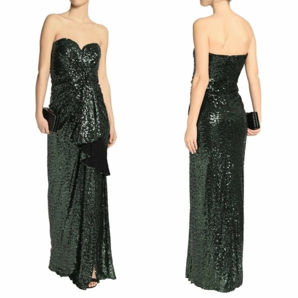 BADGLEY MISCHKA Sparkle Emerald Green Sequin Front Slit Gown 4 S Sexy NEW $895